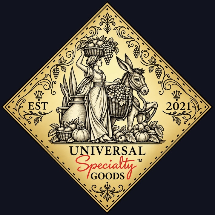 Universal Specialty Goods emblem: a woman carrying a harvest basket beside a donkey laden with grapes, established 2021